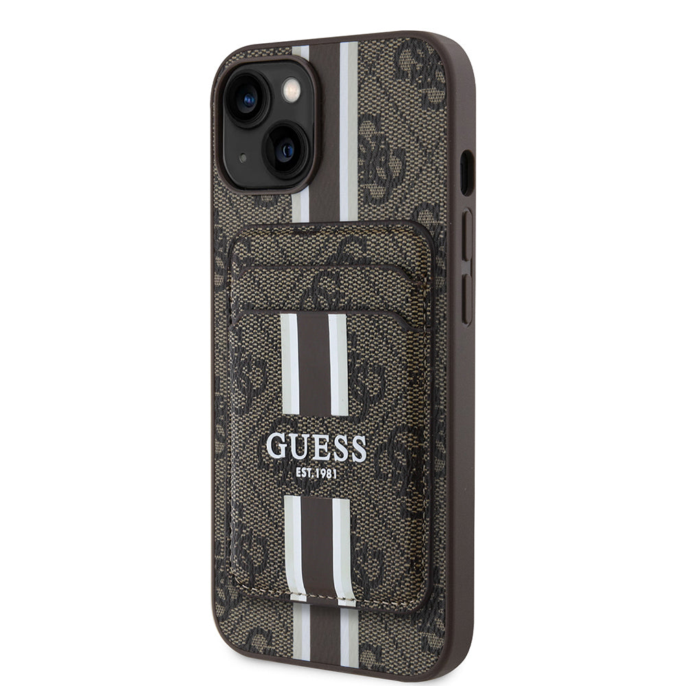 Guess iPhone 15 Orjinal Lisanslı M-safe 4G Desenli Çizgili Kartlıklı Kılıf Guess iPhone 15 Orjinal Lisanslı M-safe 4G Desenli Çizgili Kartlıklı Kılıf